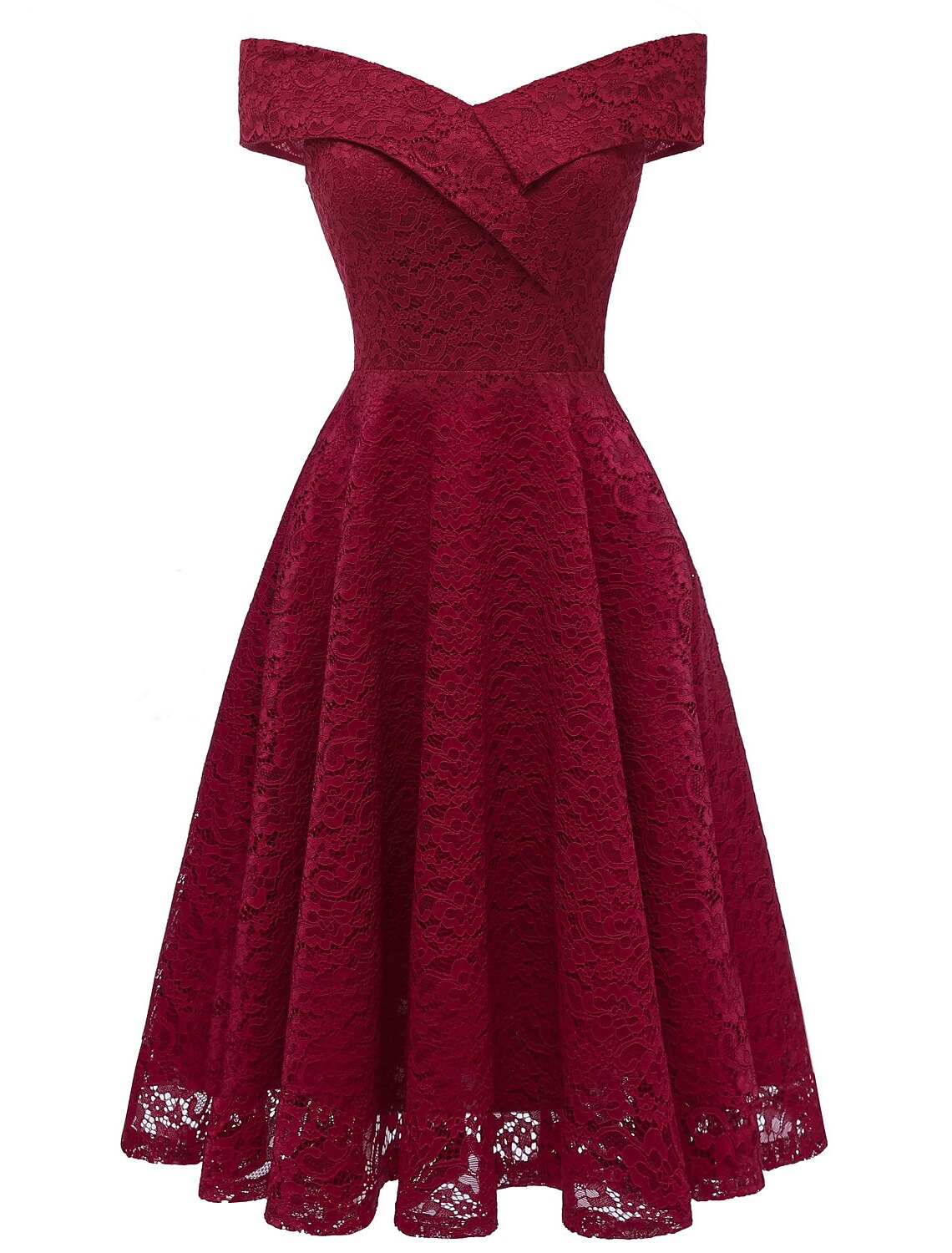 A-Line WE Party Dress Holiday Graduation Knee Length Short Sleeve Off Shoulder Bridesmaid Dress Lace with Pleats