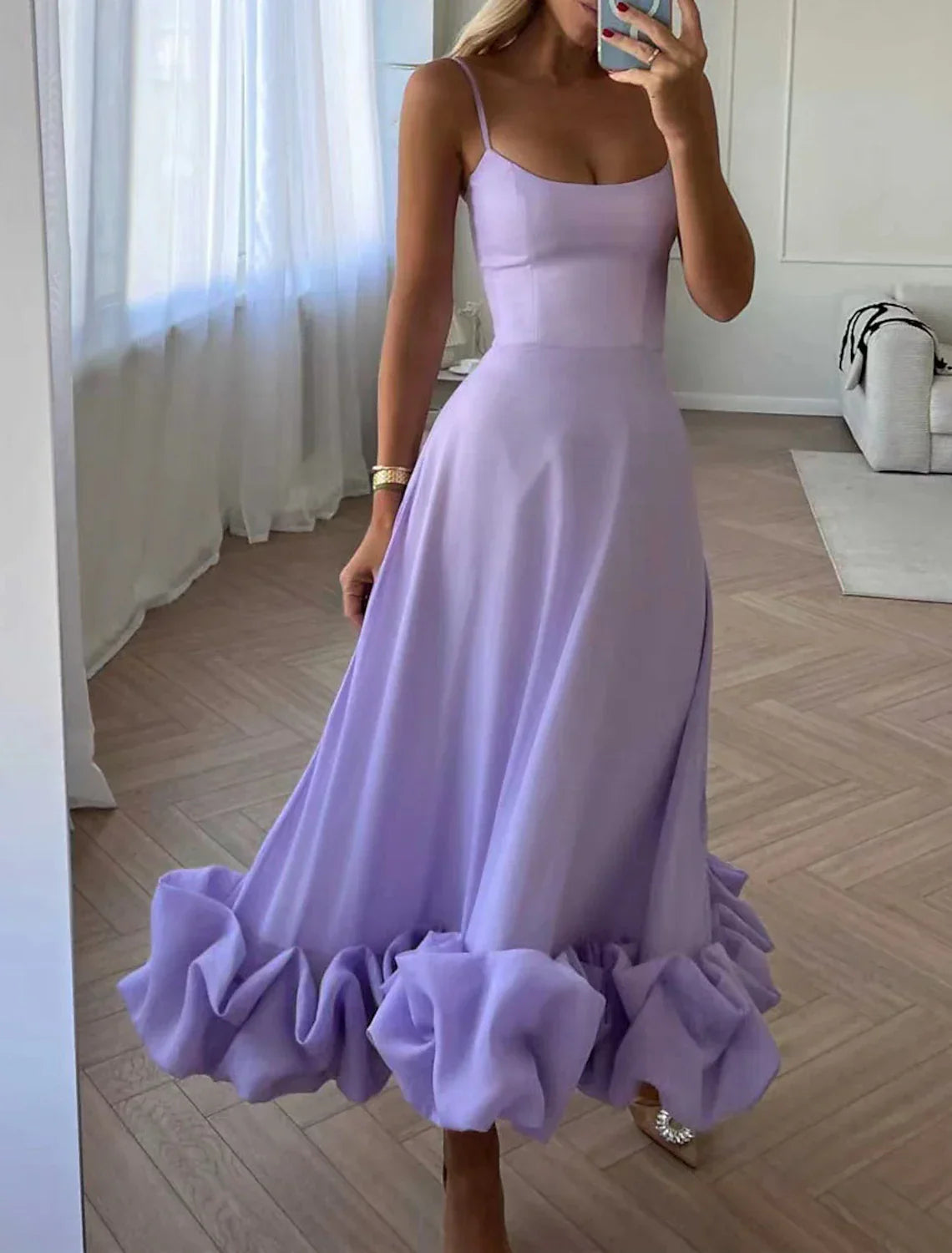 A-Line Party Dresses Tiered Plisse Dress Homecoming Summer Tea Length Sleeveless Spaghetti Strap Polyester with Fringe