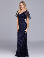 Mermaid / Trumpet Evening Gown Empire Dress Party Wear Floor Length Short Sleeve Jewel Neck Tulle with Ruffles Embroidery