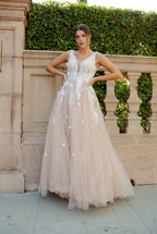 Romantic A-Line V-Neck Sleeveless Open-Back Floor-Length Prom Dress