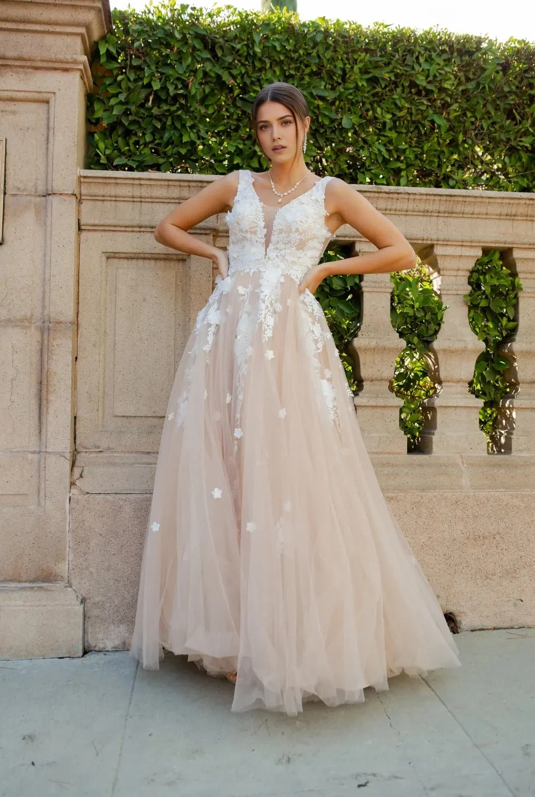Romantic A-Line V-Neck Sleeveless Open-Back Floor-Length Prom Dress