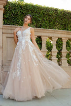 Romantic A-Line V-Neck Sleeveless Open-Back Floor-Length Prom Dress