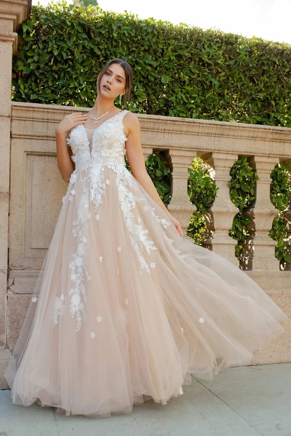 Romantic A-Line V-Neck Sleeveless Open-Back Floor-Length Prom Dress