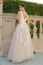 Romantic A-Line V-Neck Sleeveless Open-Back Floor-Length Prom Dress