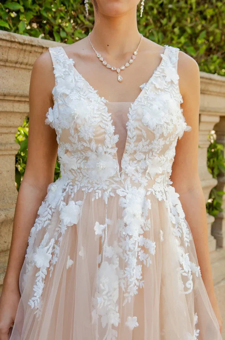 Romantic A-Line V-Neck Sleeveless Open-Back Floor-Length Prom Dress