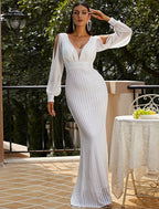 Evening Gown Sexy Dress Formal Floor Length Long Sleeve V Neck Polyester with Sequin