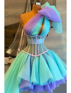 A-Line Quinceanera Dresses Corsets Dress Wedding Party Short / Mini Sleeveless One Shoulder Tulle with Bow(s) Pleats