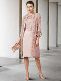 Two Piece Sheath / Column Mother of the Bride Dress Church Elegant Jewel Neck Knee Length Chiffon Lace Short Sleeve Jacket Dresses with Appliques