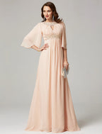 A-Line Mother of the Bride Dress Luxurious Elegant Jewel Neck Sweep / Brush Train Chiffon Half Sleeve with Pleats Beading