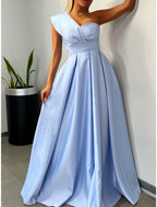 A-Line Evening Gown Elegant Dress Formal Floor Length Sleeveless One Shoulder Satin with Pleats Ruched