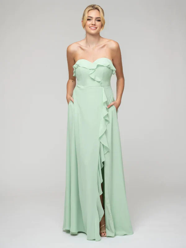 Chiffon A Line Strapless Bridesmaid Dress With Ruffles Elegant Gown For Wedding Party