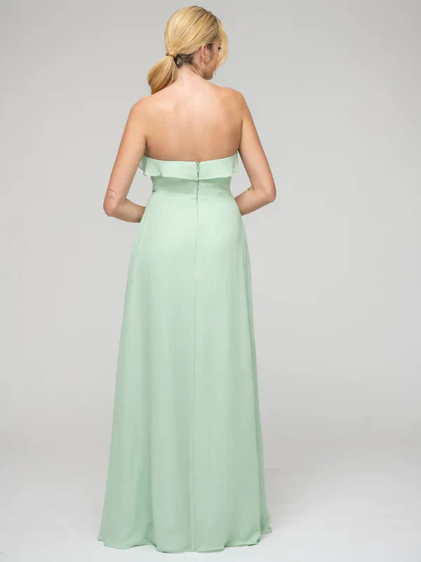 Chiffon A Line Strapless Bridesmaid Dress With Ruffles Elegant Gown For Wedding Party