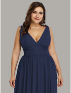 A-Line Plus Size Wedding Formal Evening Dress V Neck V Back Sleeveless Floor Length Chiffon with Pleats