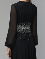 A-Line Evening Dress Celebrity Red Carpet Formal Gown Party Dress Black Tie Wedding Guest Floor Length Long Sleeve V Neck Chiffon with Sequin