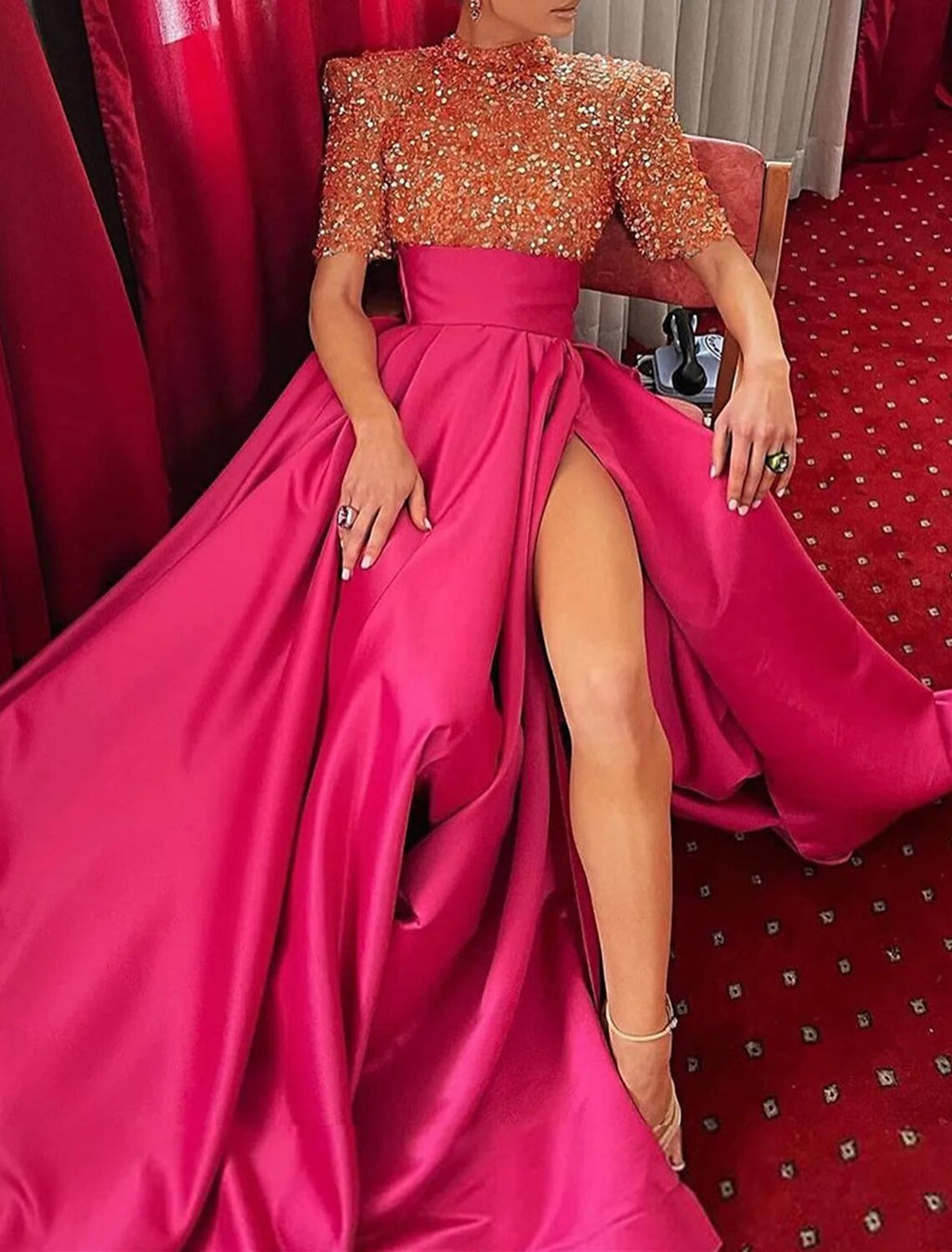 A-Line Evening Gown Christmas Red Green Dress Formal Carival Chapel Train Half Sleeve High Neck Satin with Pearls Sequin