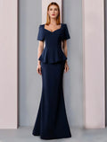 A-Line Mother of the Bride Dress Formal Wedding Guest Elegant Square Neck Floor Length  Fabric Short Sleeve with Ruffles Solid Color