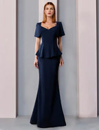 A-Line Mother of the Bride Dress Formal Wedding Guest Elegant Square Neck Floor Length  Fabric Short Sleeve with Ruffles Solid Color