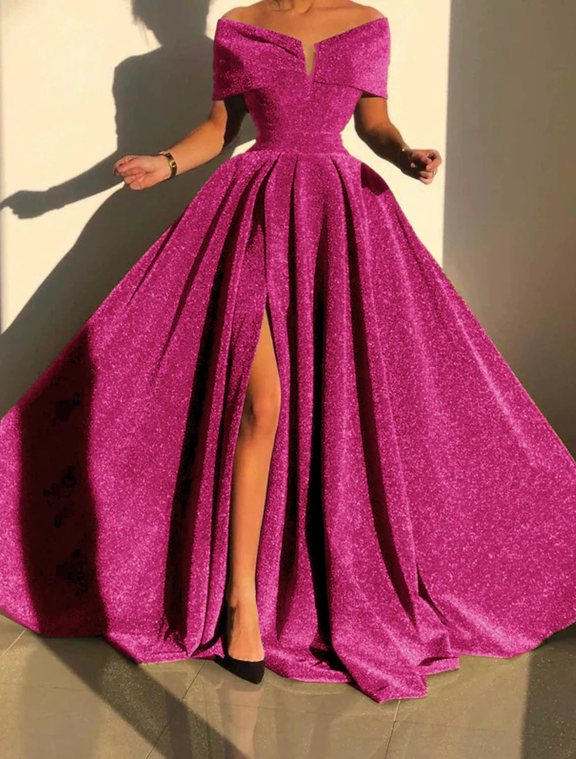A-Line Sequin Evening Gown Prom Silver Green Sparkle & Shine Black Party Formal Dress Formal Fall Court Train Sleeveless Off Shoulder Slit