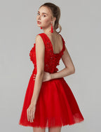 A-Line Party Dress Homecoming Graduation Short / Mini Sleeveless V Neck Lace Over Tulle with Crystals Appliques