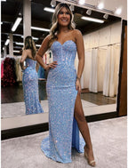 Mermaid / Trumpet Prom Dresses Sparkle & Shine Dress Formal Court Train Sleeveless Sweetheart Sequined Backless with Sequin Slit