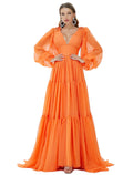 A-Line Evening Gown Sexy Dress Party Long Sleeve V Neck Chiffon with Ruched
