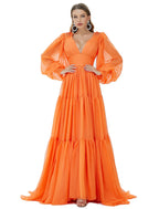 A-Line Evening Gown Sexy Dress Party Long Sleeve V Neck Chiffon with Ruched