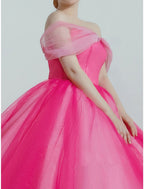 Ball Gown Prom Dresses Luxurious Dress Quinceanera Prom Sweep / Brush Train Short Sleeve Off Shoulder Organza with Sleek Pleats