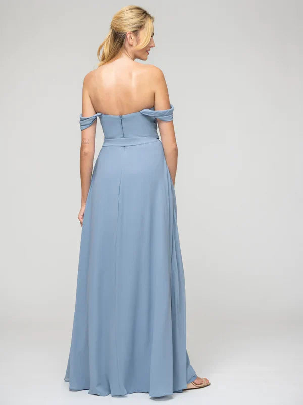 A Line Chiffon Bridesmaid Dress Slit Off The Shoulder Elegant Wedding Party Gown For Bridesmaids