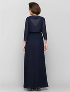 Sheath / Column Mother of the Bride Dress Convertible Dress V Neck Floor Length Chiffon 3/4 Length Sleeve with Criss Cross Cascading Ruffles