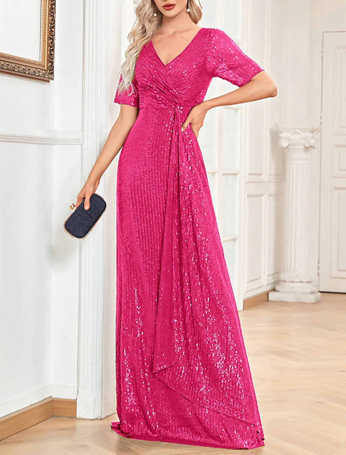 A-Line Party Dresses Sparkle & Shine Dress Formal Wedding Guest Floor Length Short Sleeve V Neck Sequined with Sequin