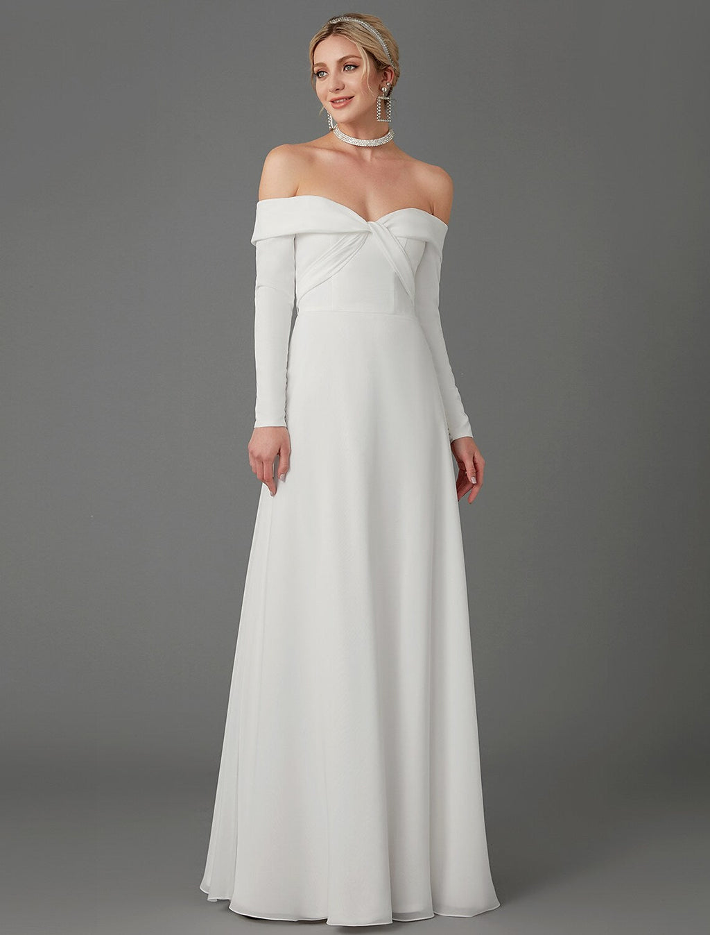 Engagement Formal Wedding Dresses A-Line Long Sleeve Off Shoulder Chiffon With