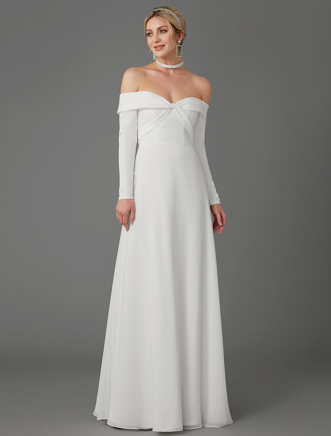 Engagement Formal Wedding Dresses A-Line Long Sleeve Off Shoulder Chiffon With