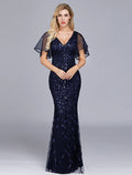 Evening Gown Dress Party Wear Floor Length Short Sleeve Tulle with Ruffles Embroidery