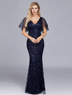 Evening Gown Dress Party Wear Floor Length Short Sleeve Tulle with Ruffles Embroidery