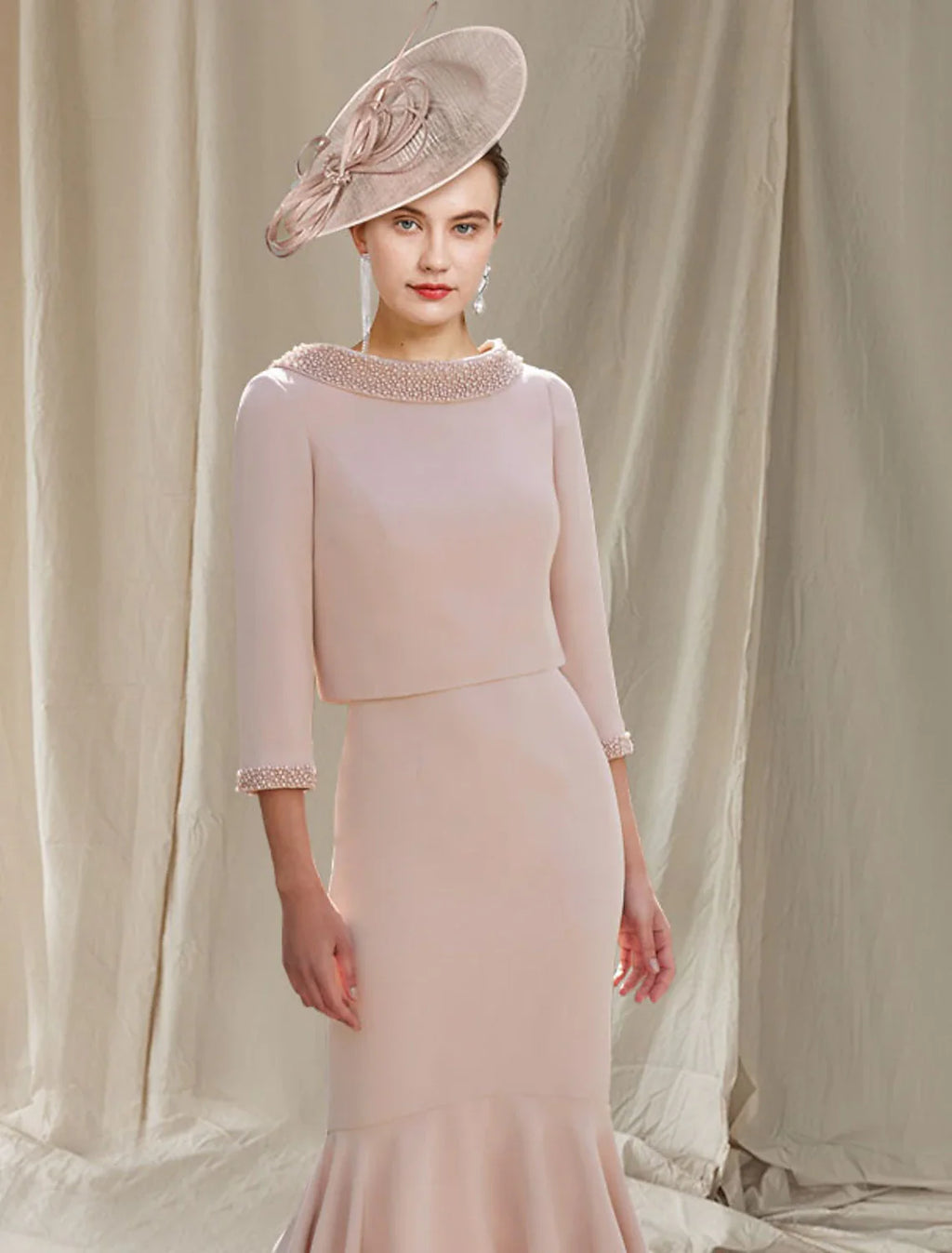 Two Piece Mermaid / Trumpet Mother of the Bride Dress Church Elegant High Low Square Neck Asymmetrical Tea Length  Chiffon Sleeveless Short Jacket Dresses with Pearls Beading