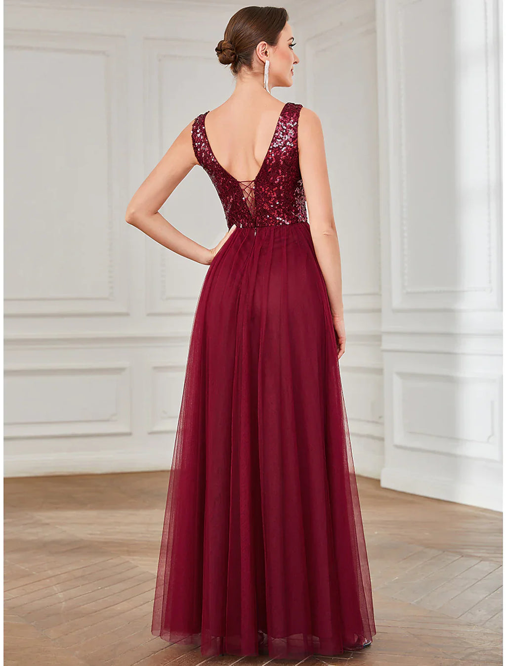 A-Line Party Dresses Elegant Dress Wedding Guest Floor Length Sleeveless Tulle with Sequin