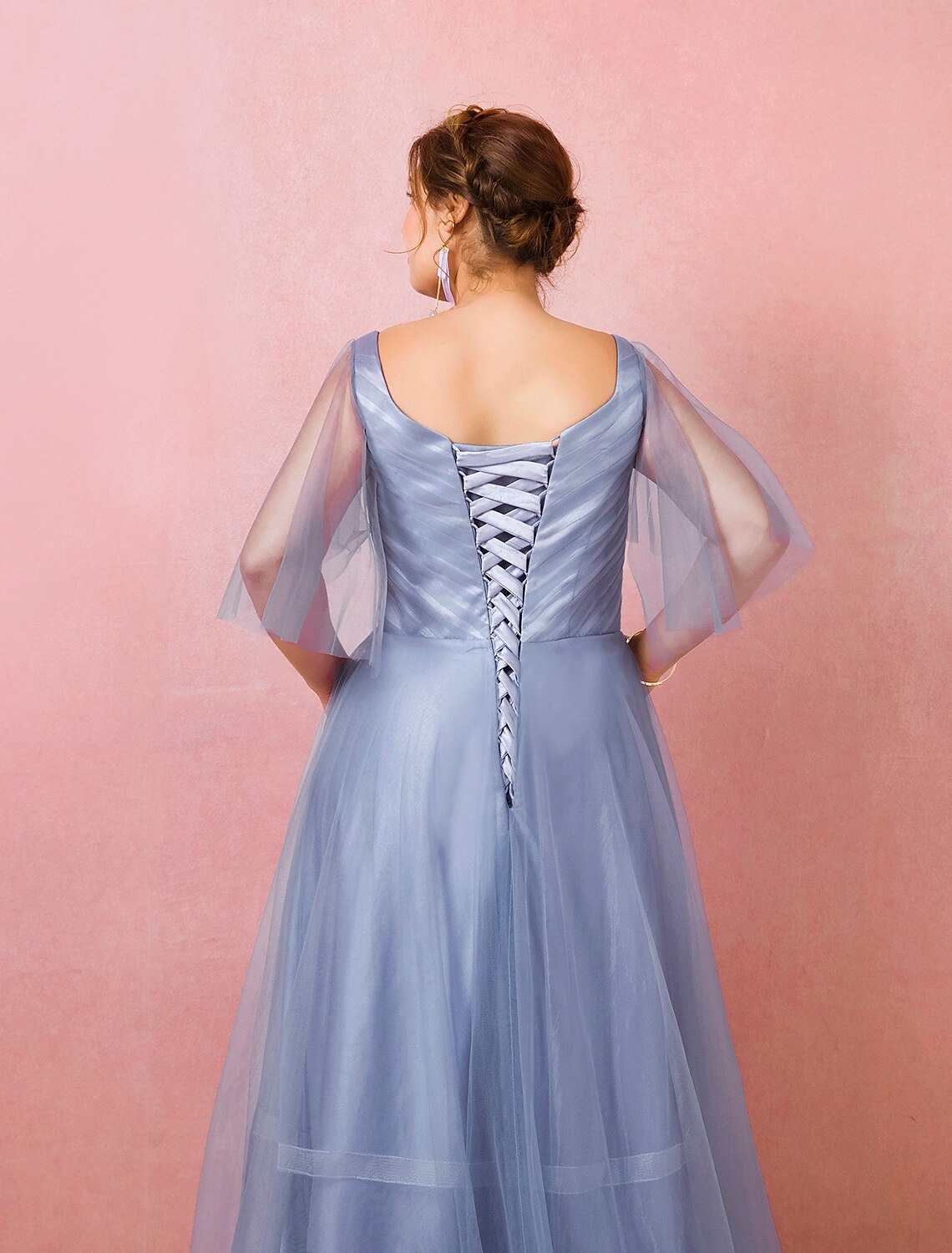 A-Line Prom Dresses Chinese Style Dress Prom Floor Length Half Sleeve V Neck Satin with Ruched Embroidery