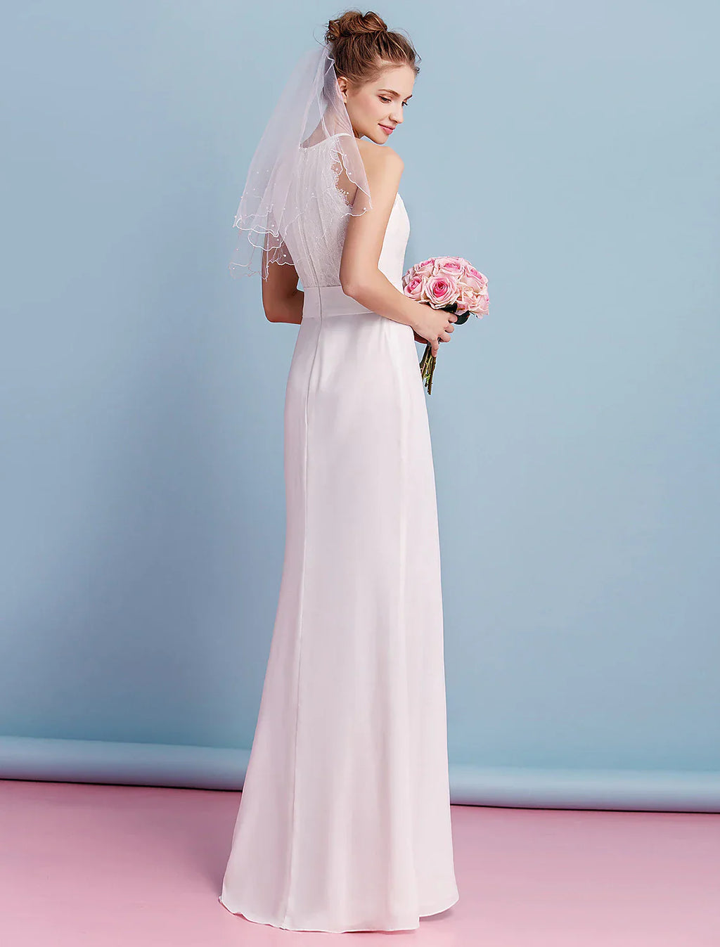 Wedding Dresses Floor Length Sleeveless Chiffon With Lace