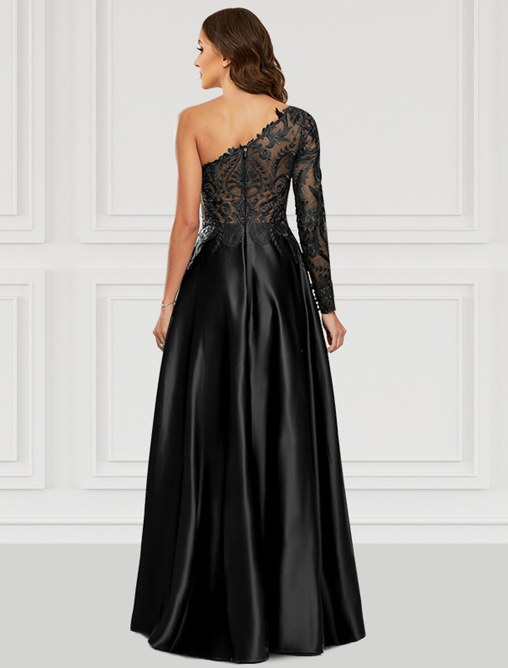 A-Line Prom Dresses Black Dress Party Wear Floor Length Long Sleeve One Shoulder Satin with Slit