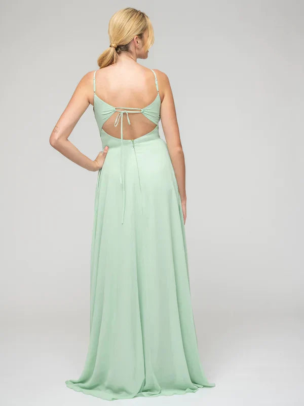 Bridesmaid Dress Spaghetti Strap Tie Back Long Chiffon Elegant Flattering Fit For Bridesmaids