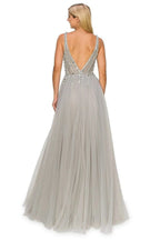 Sparkly A-Line V-Neck Sleeveless Low-Back Floor-Length Prom Dress