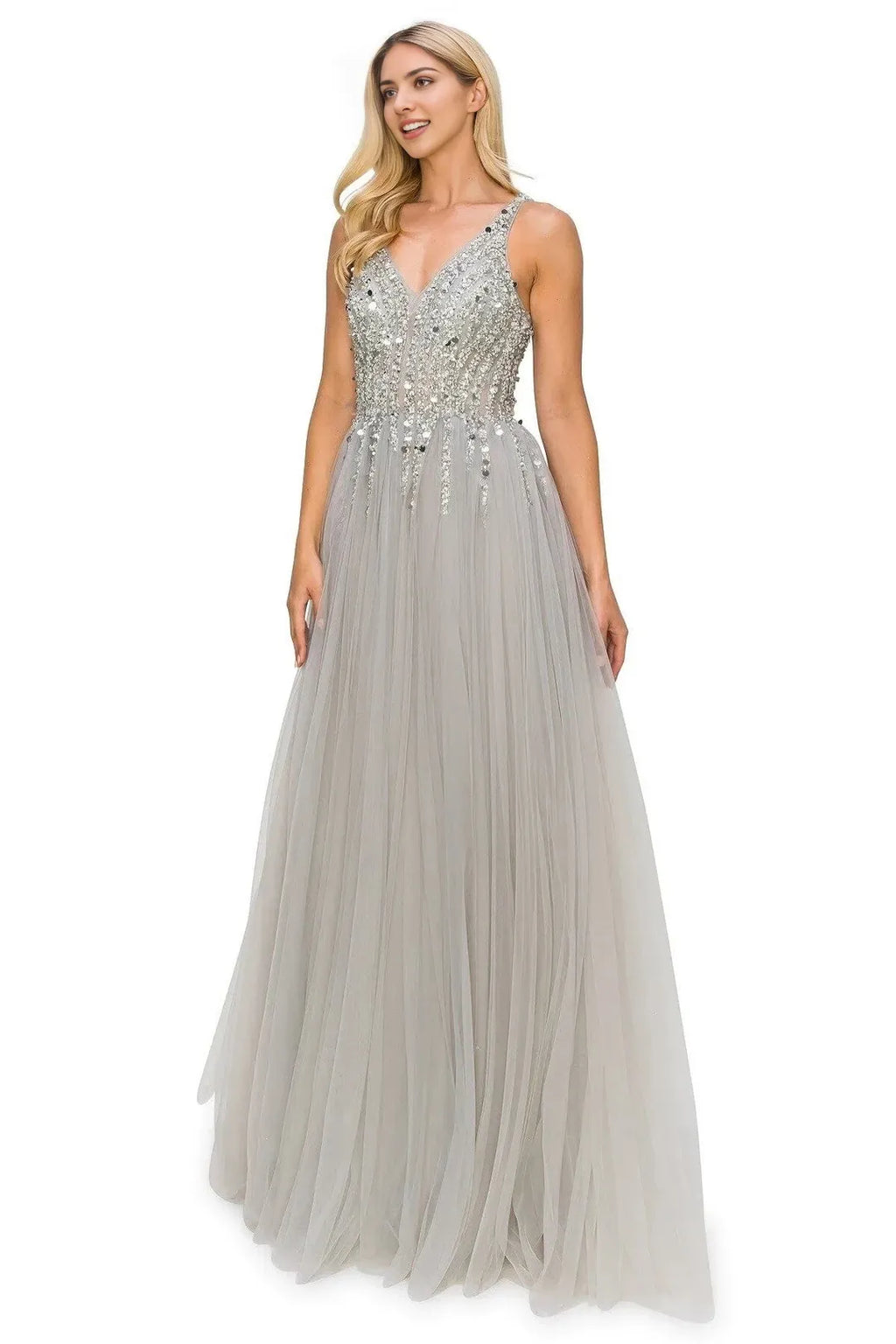 Sparkly A-Line V-Neck Sleeveless Low-Back Floor-Length Prom Dress