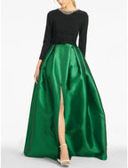 A-Line Evening Gown High Split wedding guest Dress Formal Fall Floor Length Long Sleeve color contrast Jewel Neck Satin with Crystals