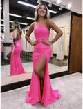 Mermaid / Trumpet Prom Dresses Sparkle & Shine Dress Formal Sweep / Brush Train Sleeveless One Shoulder Sequined Backless with Sequin Slit