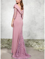 A-Line Mother of the Bride Dress Formal Wedding Guest Elegant Bateau Neck Sweep / Brush Train Chiffon Lace 3/4 Length Sleeve with Bow(s) Appliques