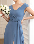 A-Line Party Dresses Vintage Dress Wedding Guest Floor Length Short Sleeve V Neck Chiffon with Slit