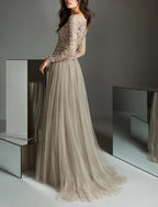 A-Line Evening Gown Elegant Dress Wedding Guest Formal Evening Sweep / Brush Train Long Sleeve Illusion Neck Lace with Pleats Appliques
