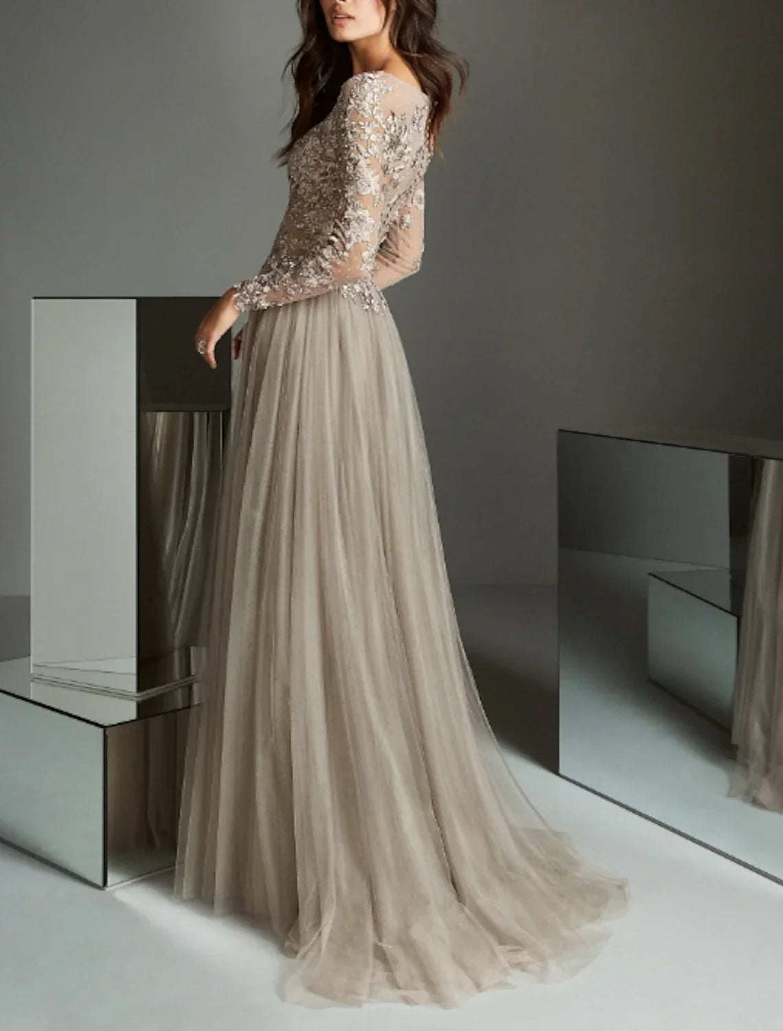 A-Line Evening Gown Elegant Dress Wedding Guest Formal Evening Sweep / Brush Train Long Sleeve Illusion Neck Lace with Pleats Appliques