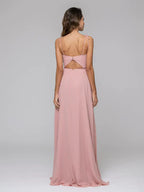 Front Slit Spaghetti Strap Open Back Chiffon Bridal Party Dresses