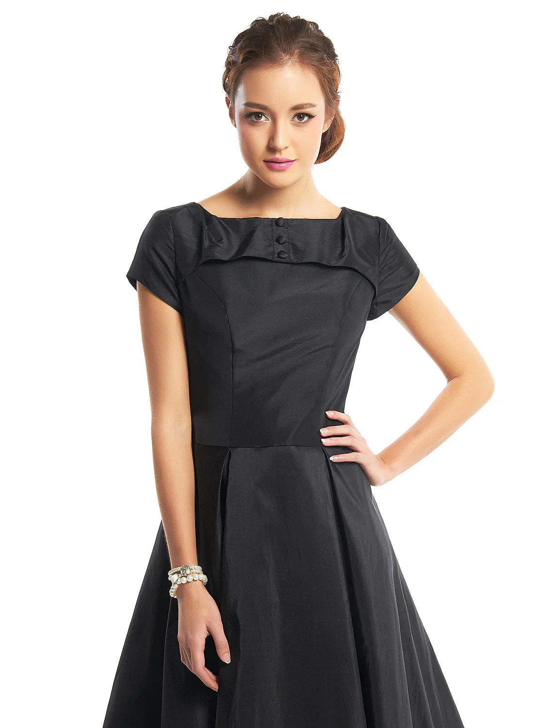 A-Line Vintage Dress Homecoming Tea Length Short Sleeve Boat Neck Taffeta with Buttons